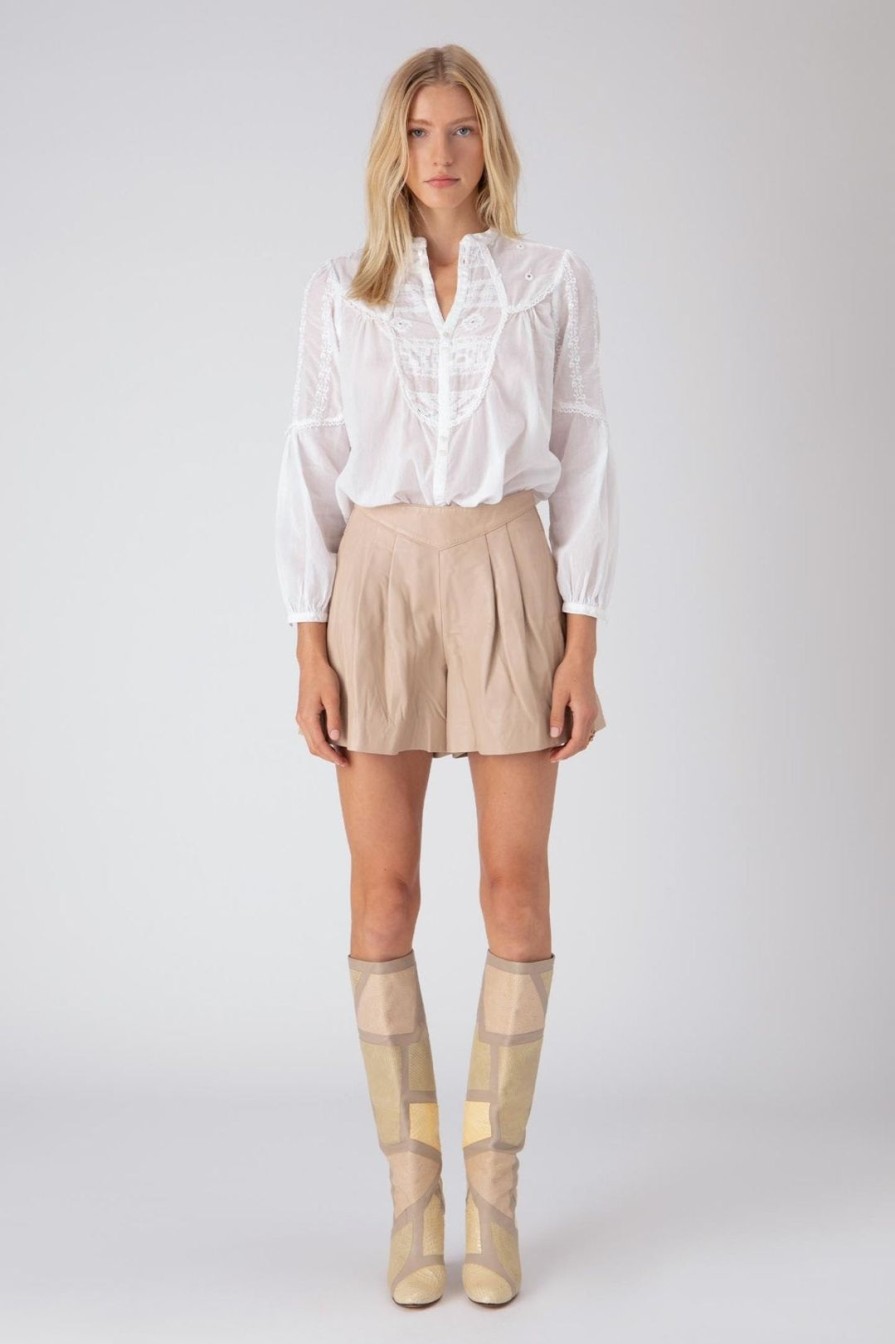 Women Burning Torch Bottoms | Leather Pleated Short, Tapioca