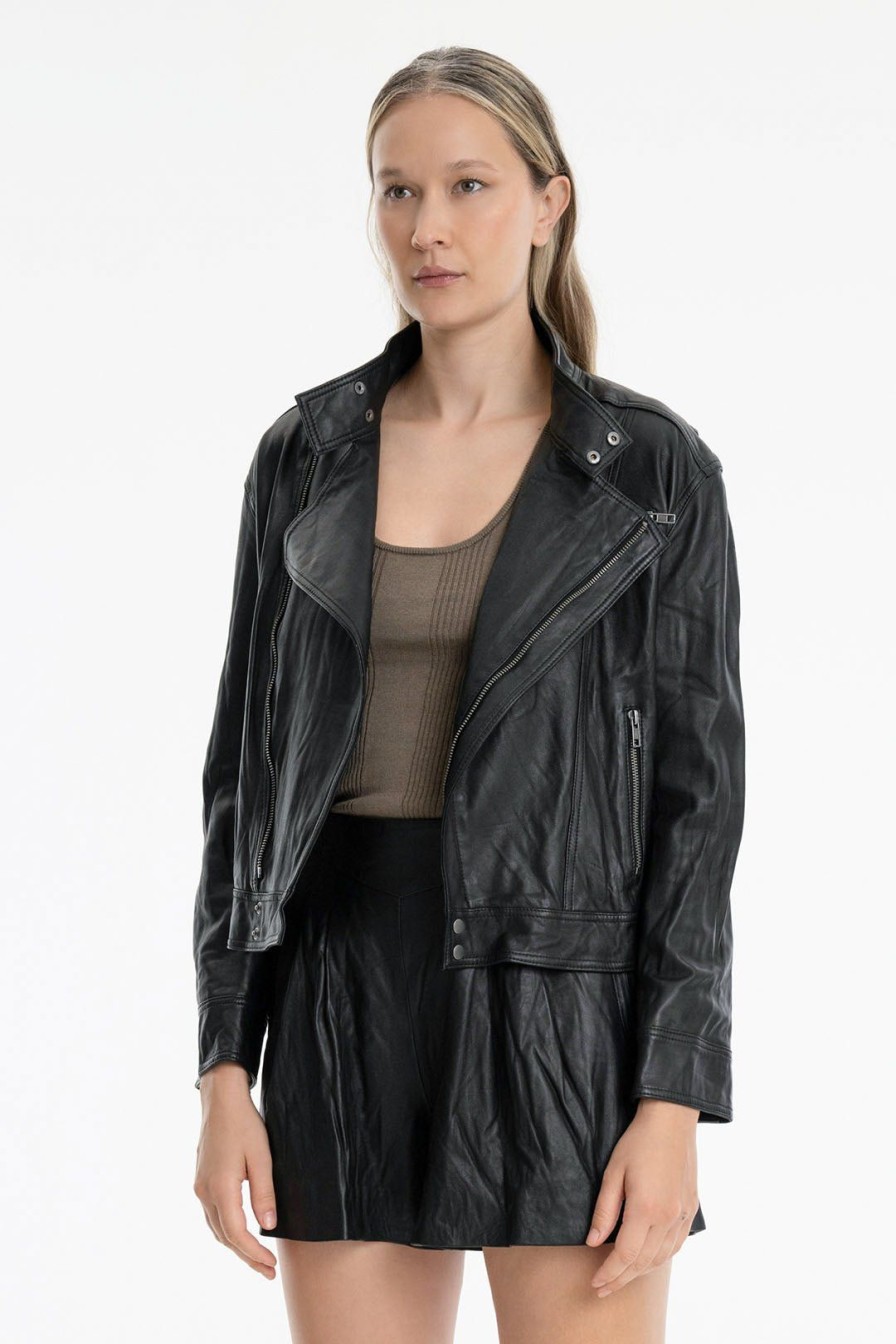 Women Burning Torch Leather | Leather Biker Jacket, Black