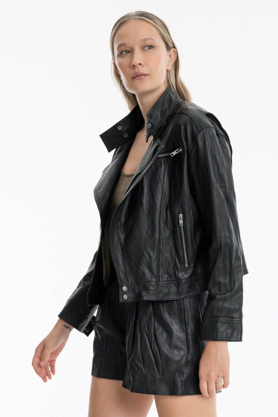 Women Burning Torch Leather | Leather Biker Jacket, Black