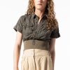 Women Burning Torch Tops | Serengeti Short Sleeve Button Down Top, Army