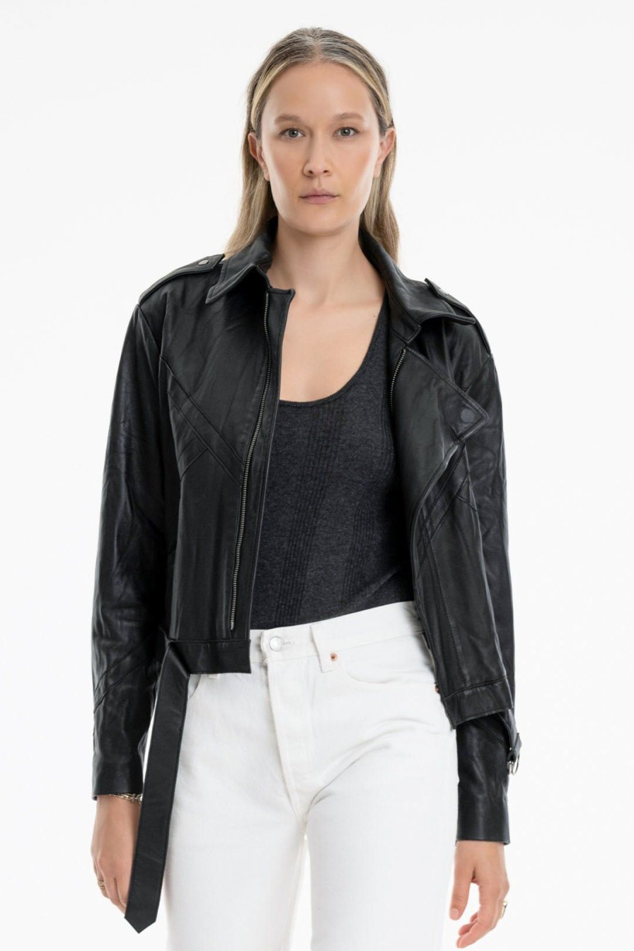 Women Burning Torch Leather | Leather Aviator Jacket, Black