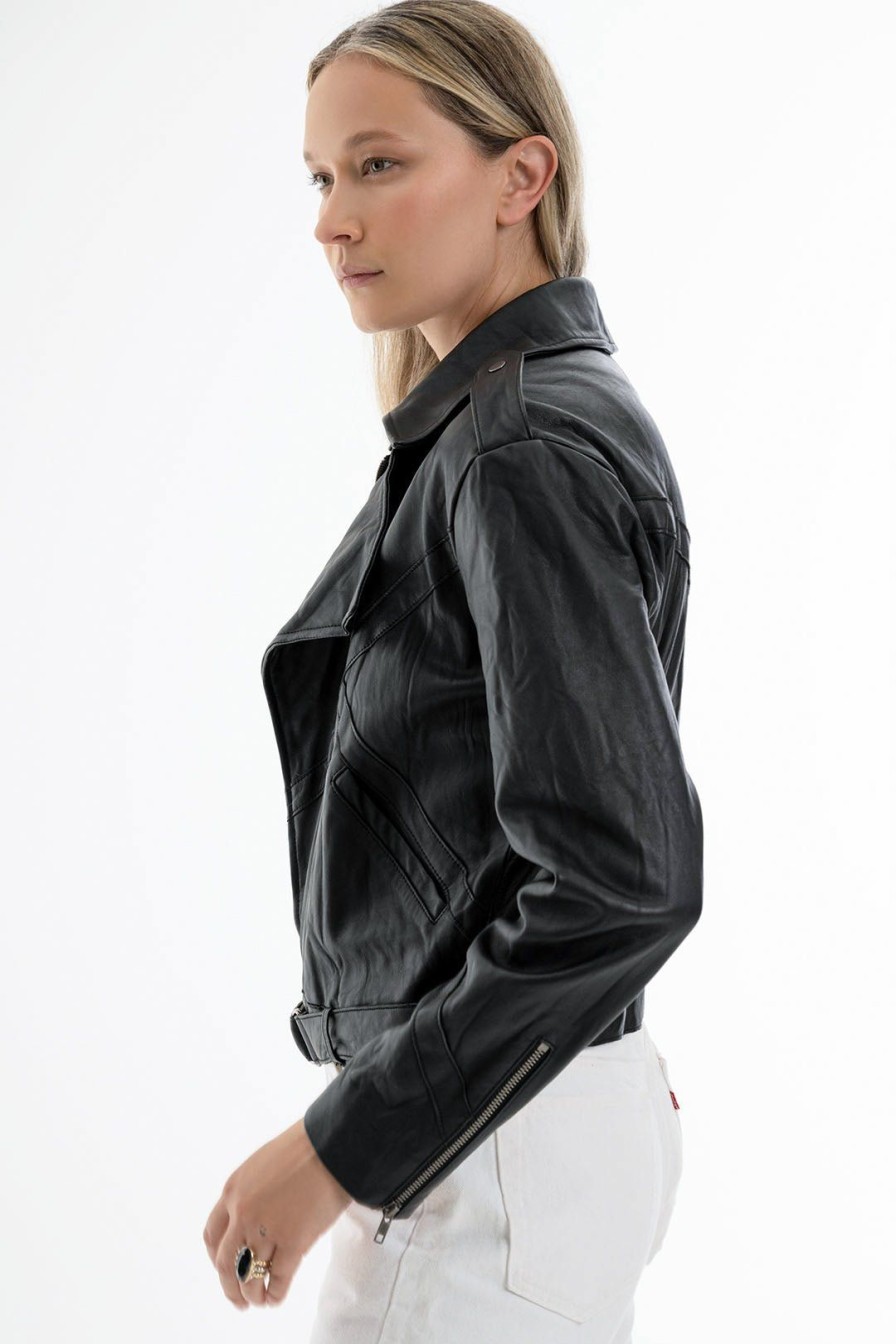 Women Burning Torch Leather | Leather Aviator Jacket, Black