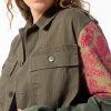 Women Burning Torch Outerwear | Love Not War Embroidered Floral Jacket, Army