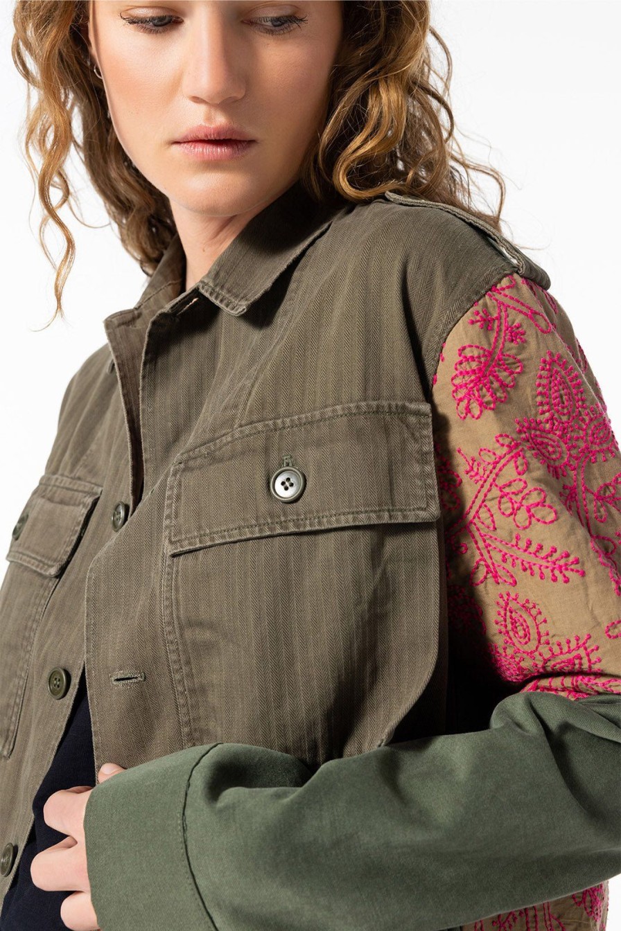 Women Burning Torch Outerwear | Love Not War Embroidered Floral Jacket, Army