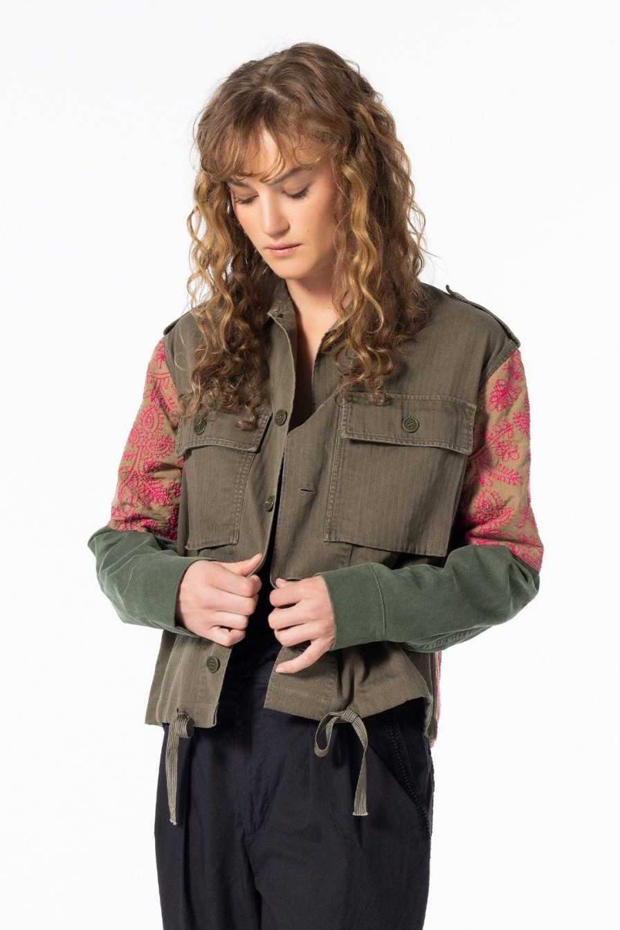 Women Burning Torch Outerwear | Love Not War Embroidered Floral Jacket, Army