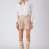 Women Burning Torch Leather | Leather Pleated Short, Tapioca