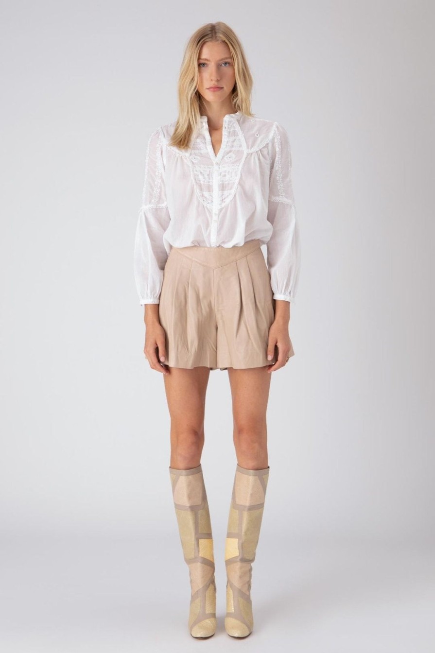 Women Burning Torch Leather | Leather Pleated Short, Tapioca