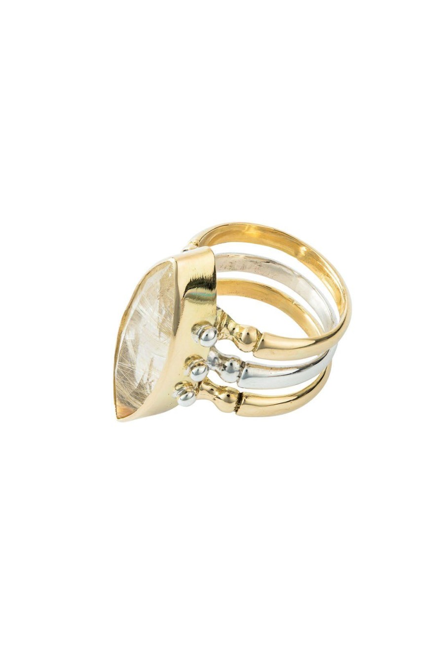 Women Burning Torch Rings | Triad Ring 18Kt Gold Rutilated Quartz