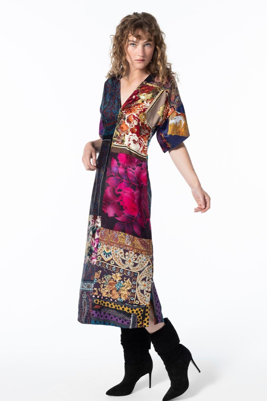 Women Burning Torch Upcycled | Cosmos V Neck Dress, Multi