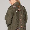 Women Burning Torch Outerwear | Love Not War Embroidered Military Jacket, Army