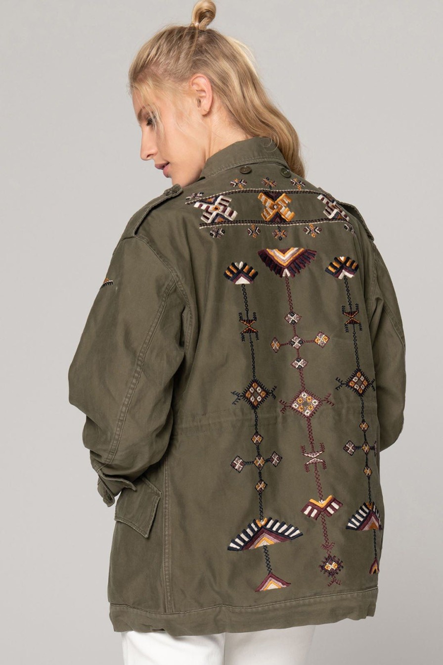 Women Burning Torch Outerwear | Love Not War Embroidered Military Jacket, Army