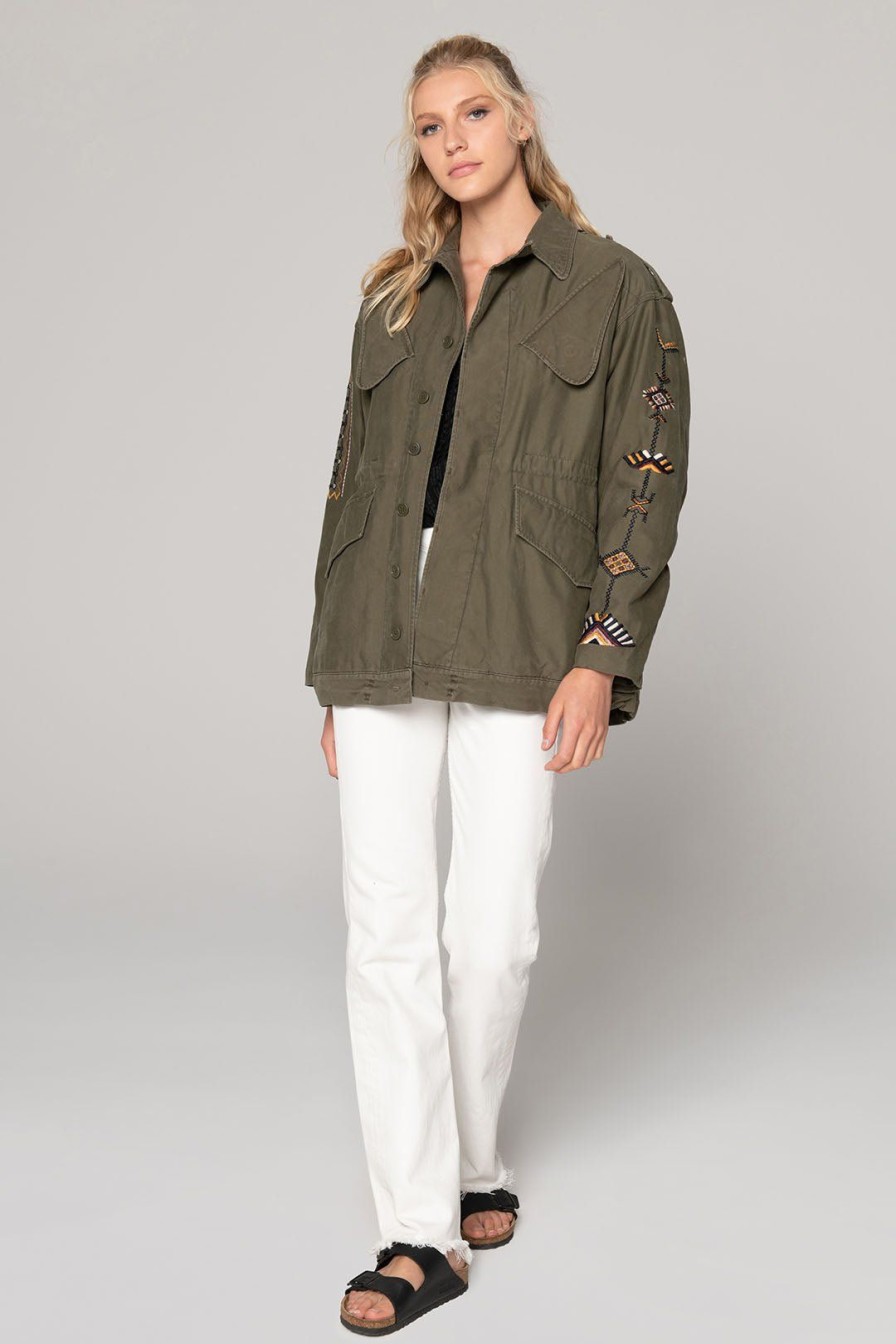 Women Burning Torch Outerwear | Love Not War Embroidered Military Jacket, Army