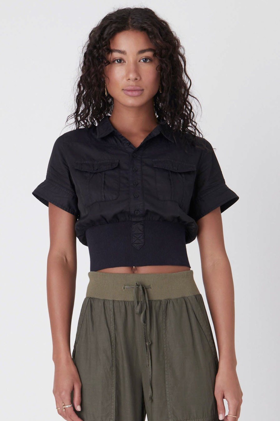 Women Burning Torch Tops | Serengeti Short Sleeve Button Down Top, Black