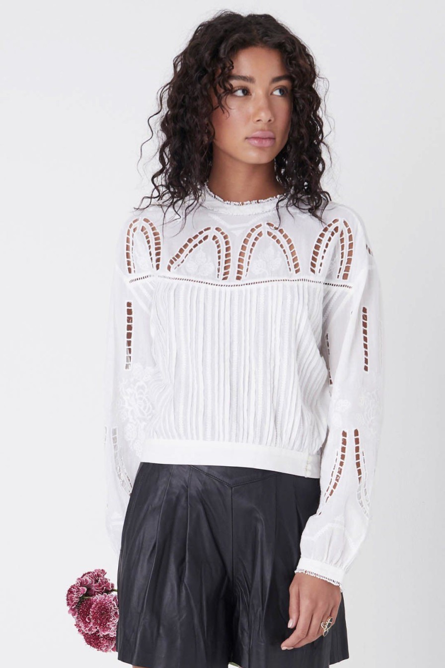 Women Burning Torch Tops | Daphne Long Sleeve Embroidered Cotton Top, White