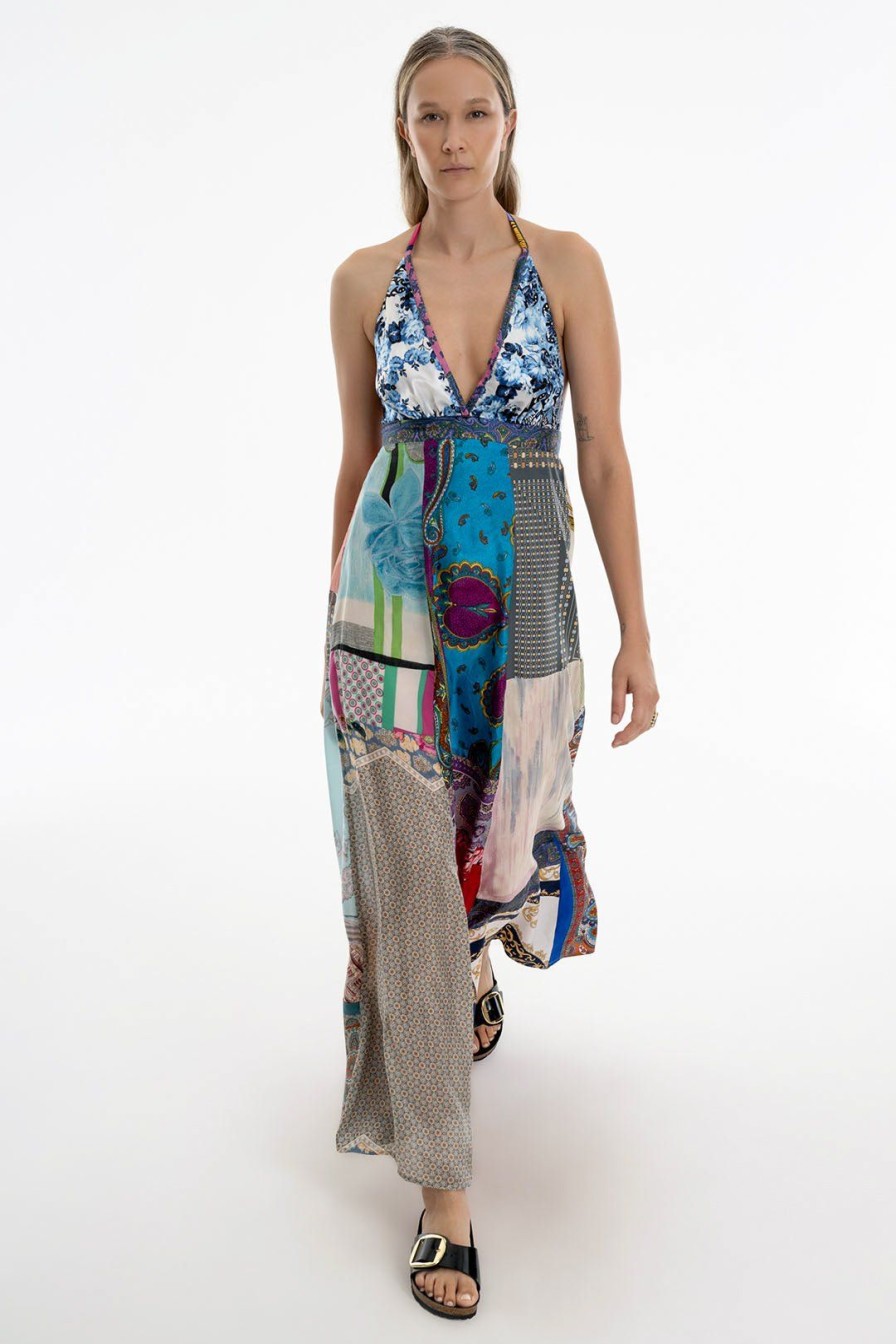 Women Burning Torch Upcycled | Bridgette Maxi Halter Dress, Multi