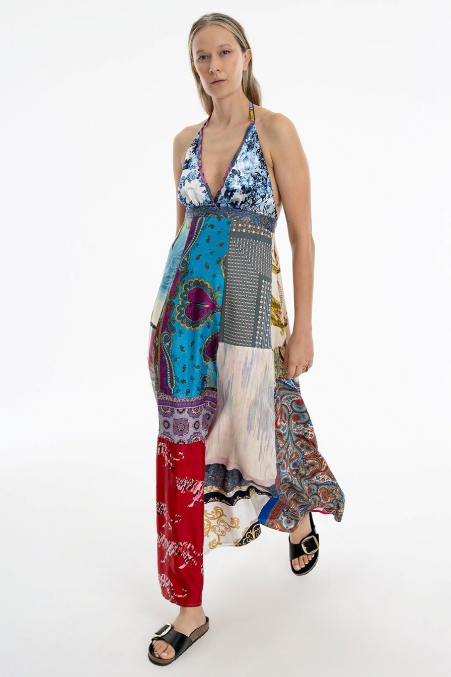 Women Burning Torch Upcycled | Bridgette Maxi Halter Dress, Multi