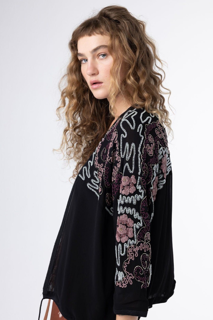 Women Burning Torch Outerwear | Avalon Hand Beaded Georgette Jacket Black