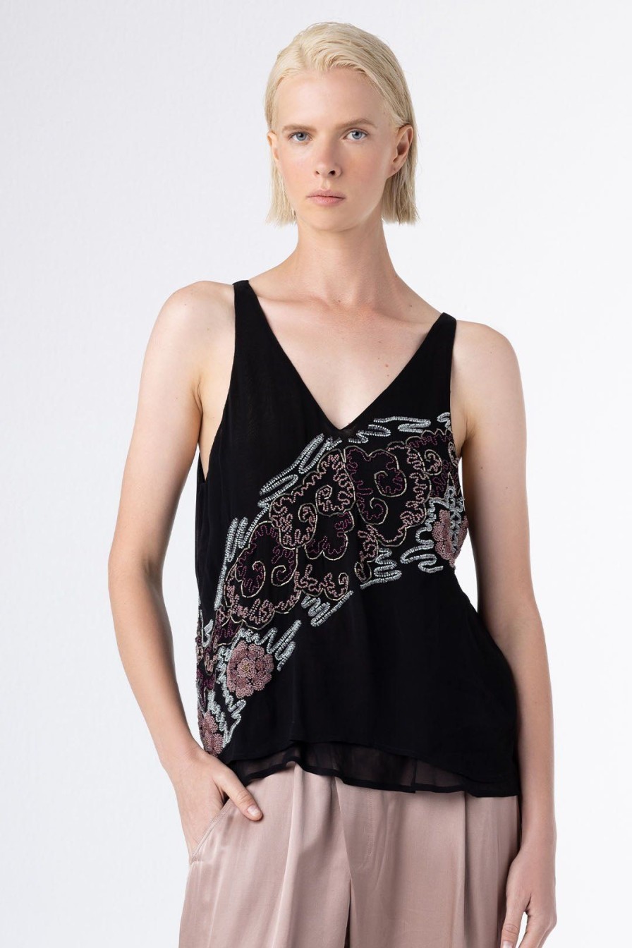 Women Burning Torch Tops | Avalon Beaded Georgette Tank Black