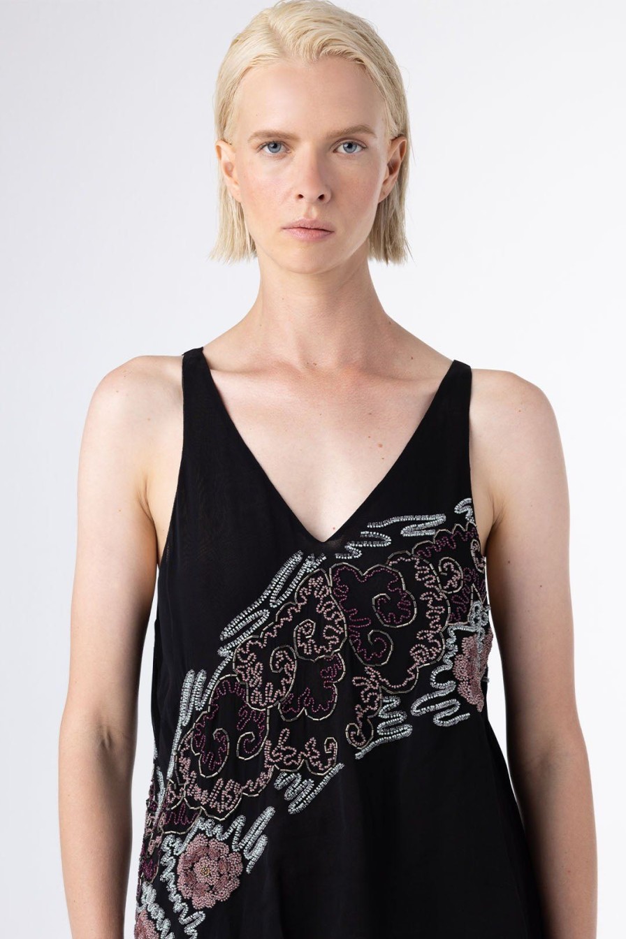 Women Burning Torch Tops | Avalon Beaded Georgette Tank Black