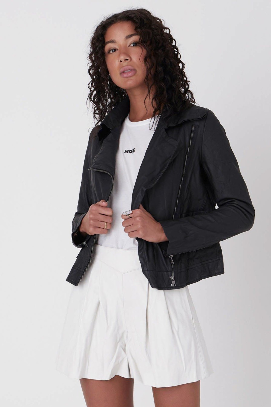 Women Burning Torch Outerwear | Leather Boxy Moto, Black