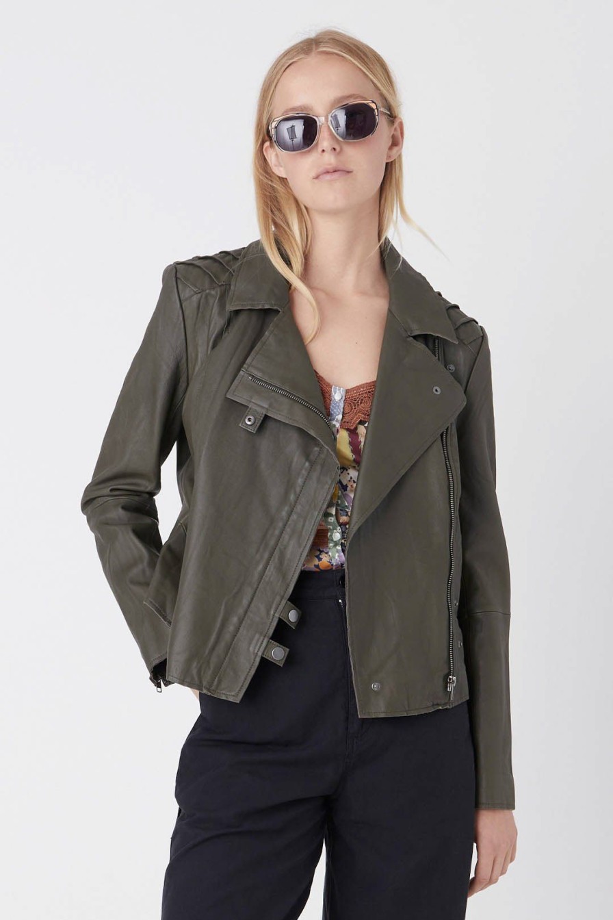 Women Burning Torch Outerwear | Leather Classic Moto, Army