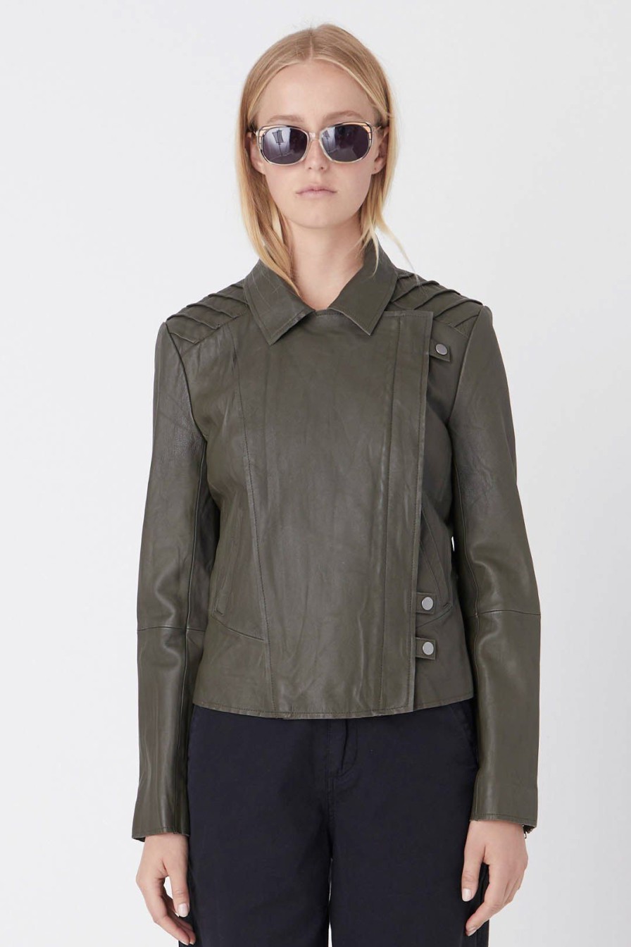 Women Burning Torch Outerwear | Leather Classic Moto, Army