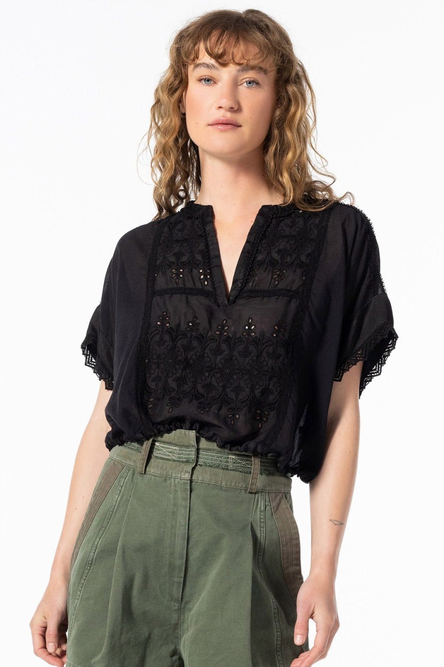 Women Burning Torch Tops | Athena Popover Top, Black