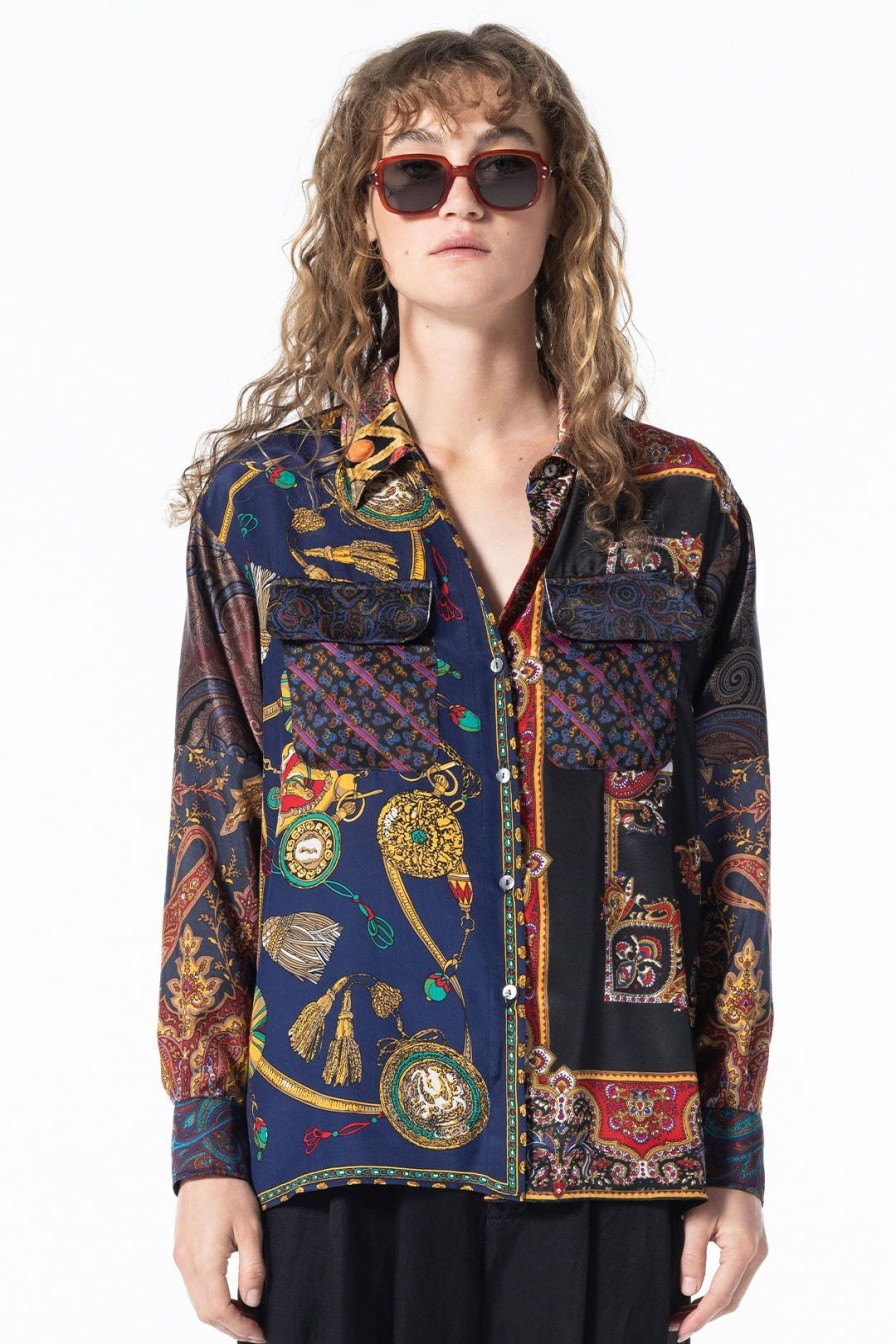 Women Burning Torch Upcycled | Cosmos Button Down Shirt, Multi