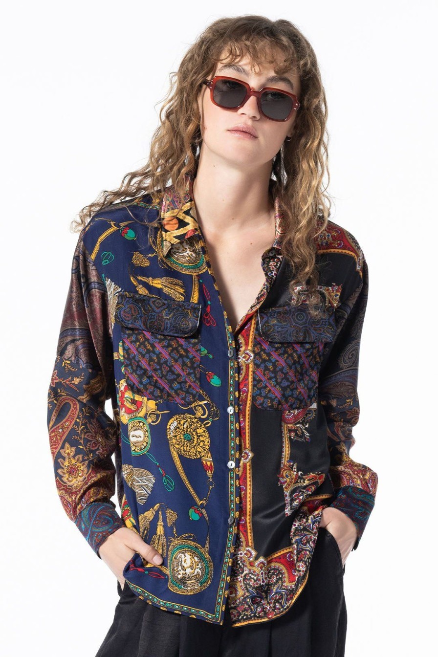 Women Burning Torch Upcycled | Cosmos Button Down Shirt, Multi