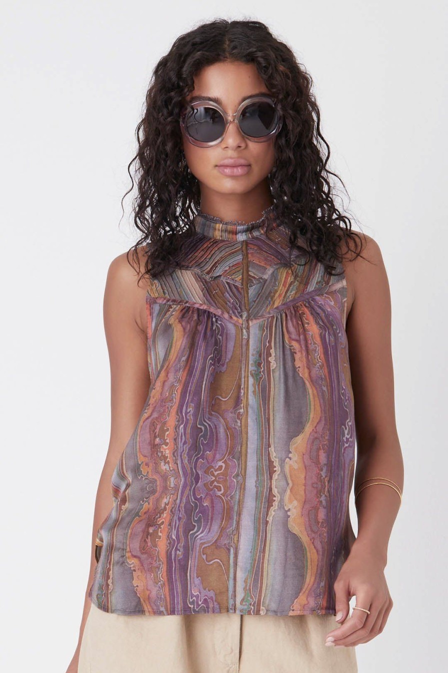 Women Burning Torch Tops | Lost Horizon Printed Silk Chiffon Top, Multi