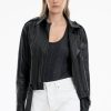 Women Burning Torch Outerwear | Leather Aviator Jacket, Black