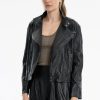 Women Burning Torch Outerwear | Leather Biker Jacket, Black