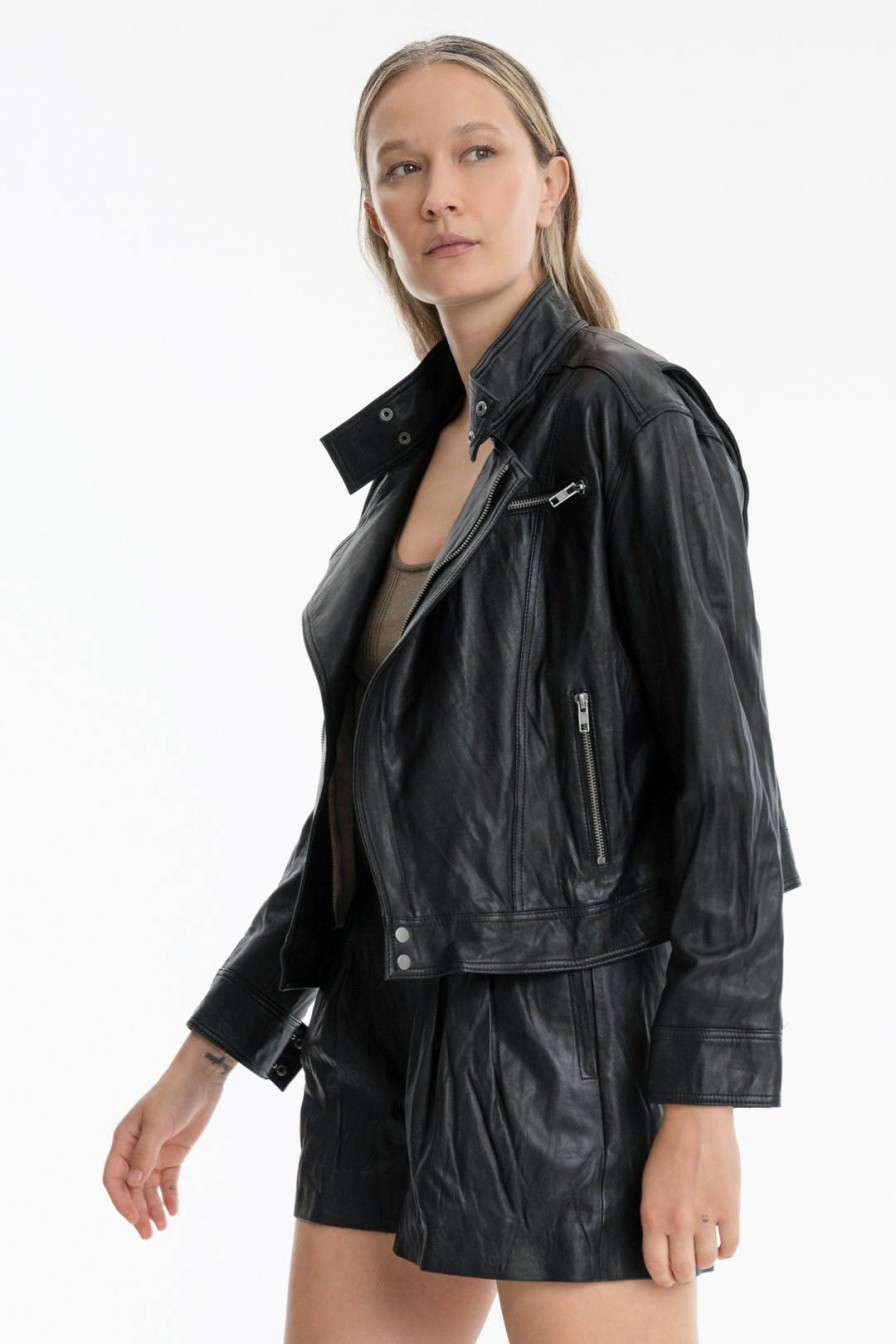 Women Burning Torch Outerwear | Leather Biker Jacket, Black