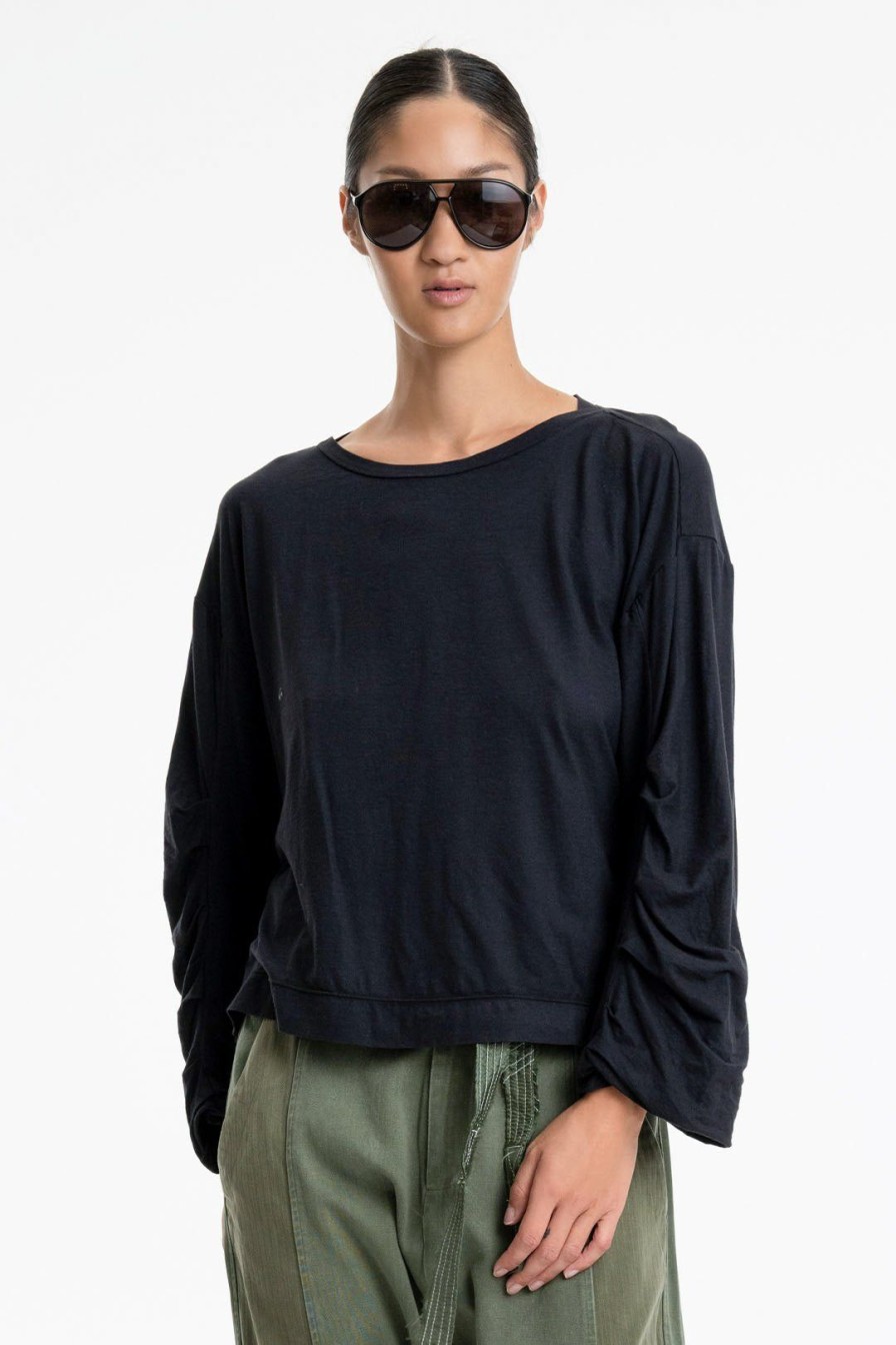 Women Burning Torch Tees | P.C.H. Rouched Sleeve Shirt, Black