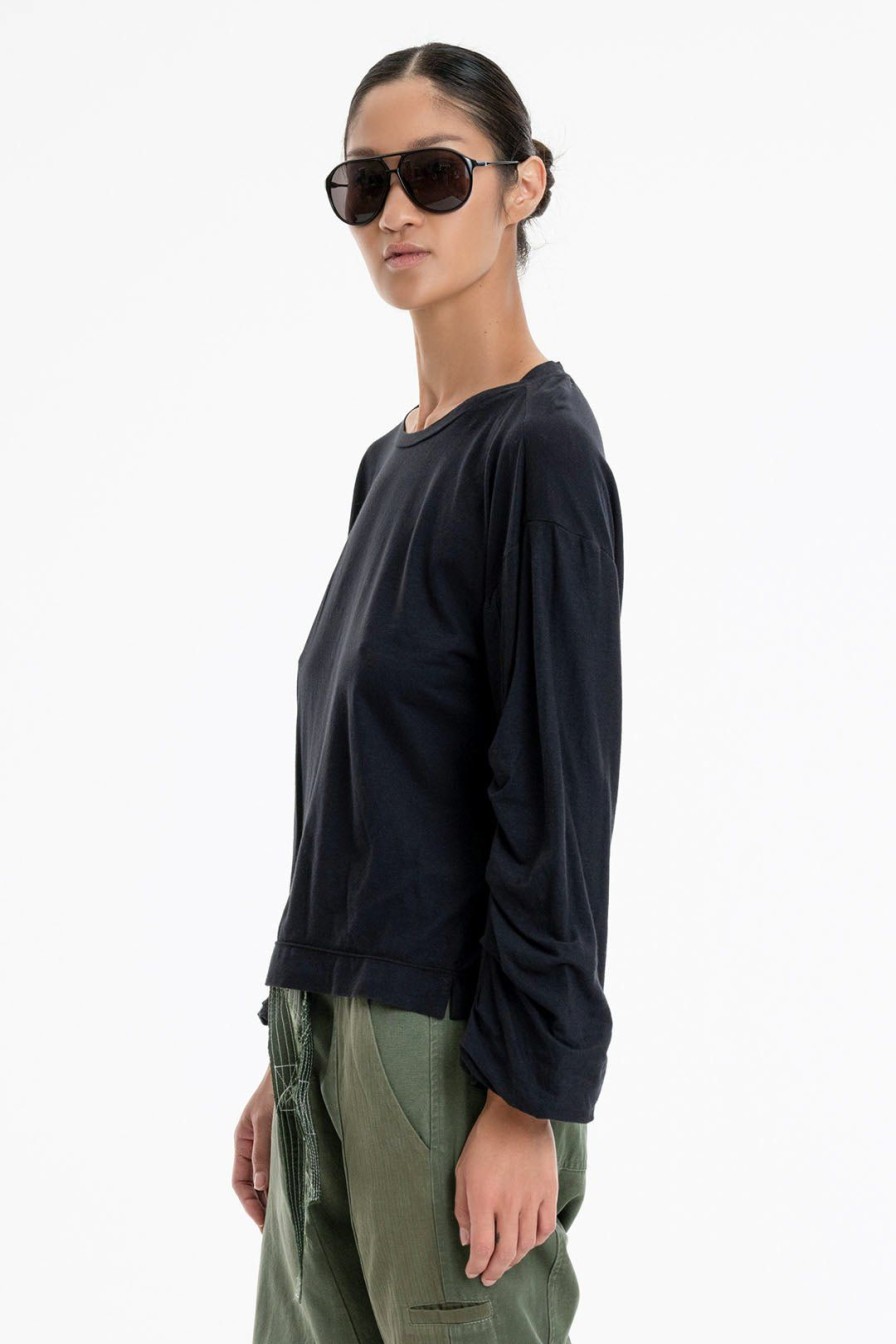 Women Burning Torch Tees | P.C.H. Rouched Sleeve Shirt, Black