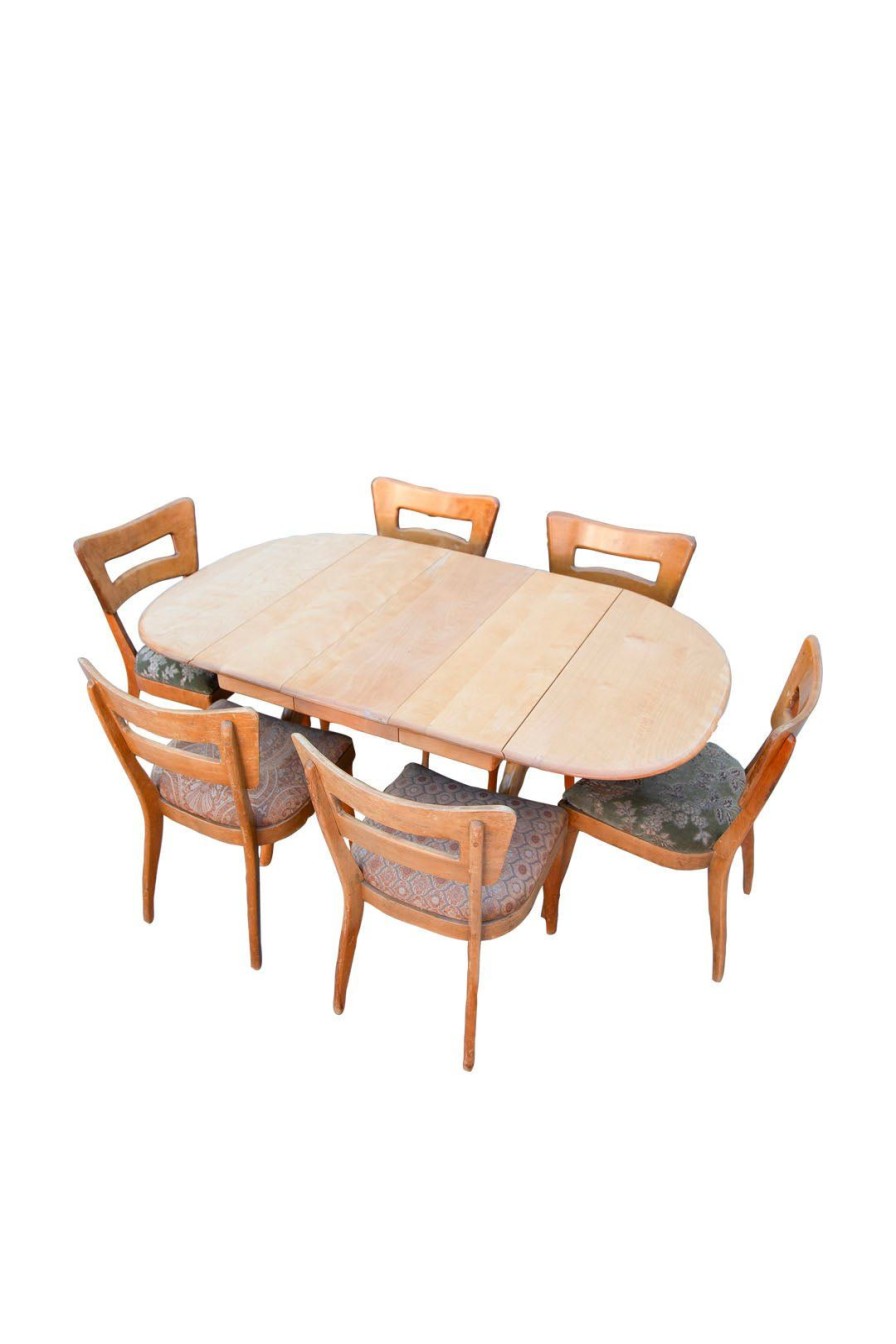 Home Burning Torch | Mid-Century Modern Heywood Wakefield Dining Table (2 Leaf) With 6 "Dog Bone" Chairs