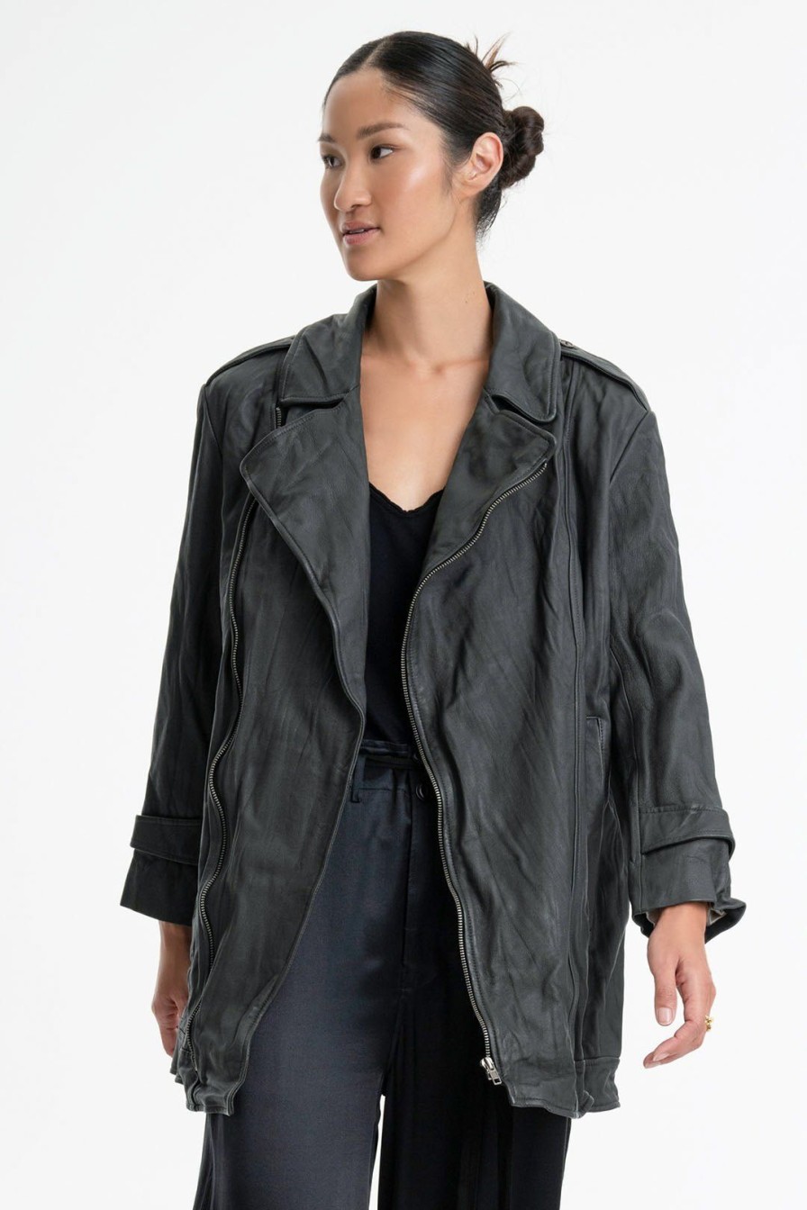 Women Burning Torch Outerwear | Washed Leather Micro Trench, Vintage Black