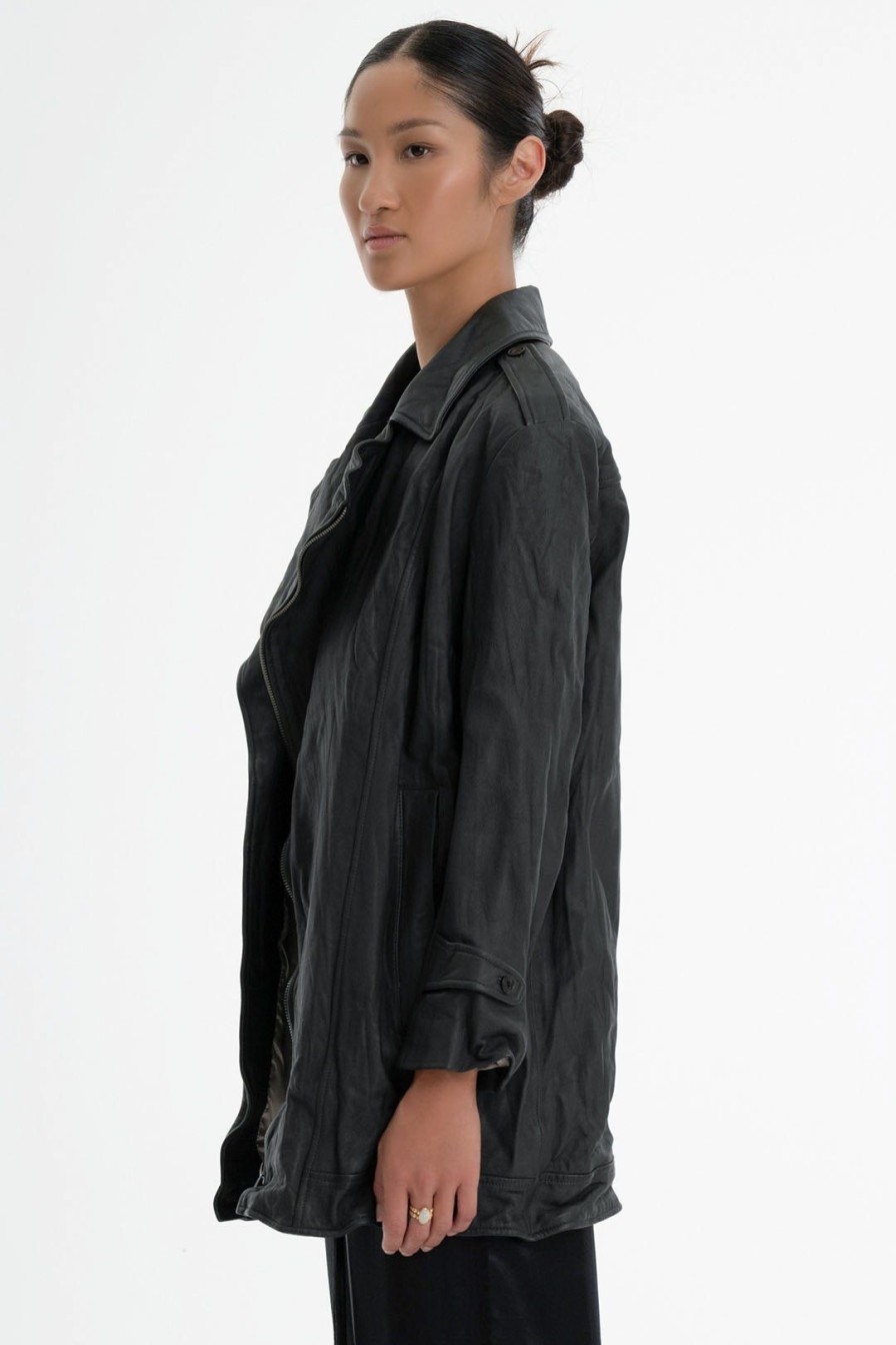 Women Burning Torch Outerwear | Washed Leather Micro Trench, Vintage Black