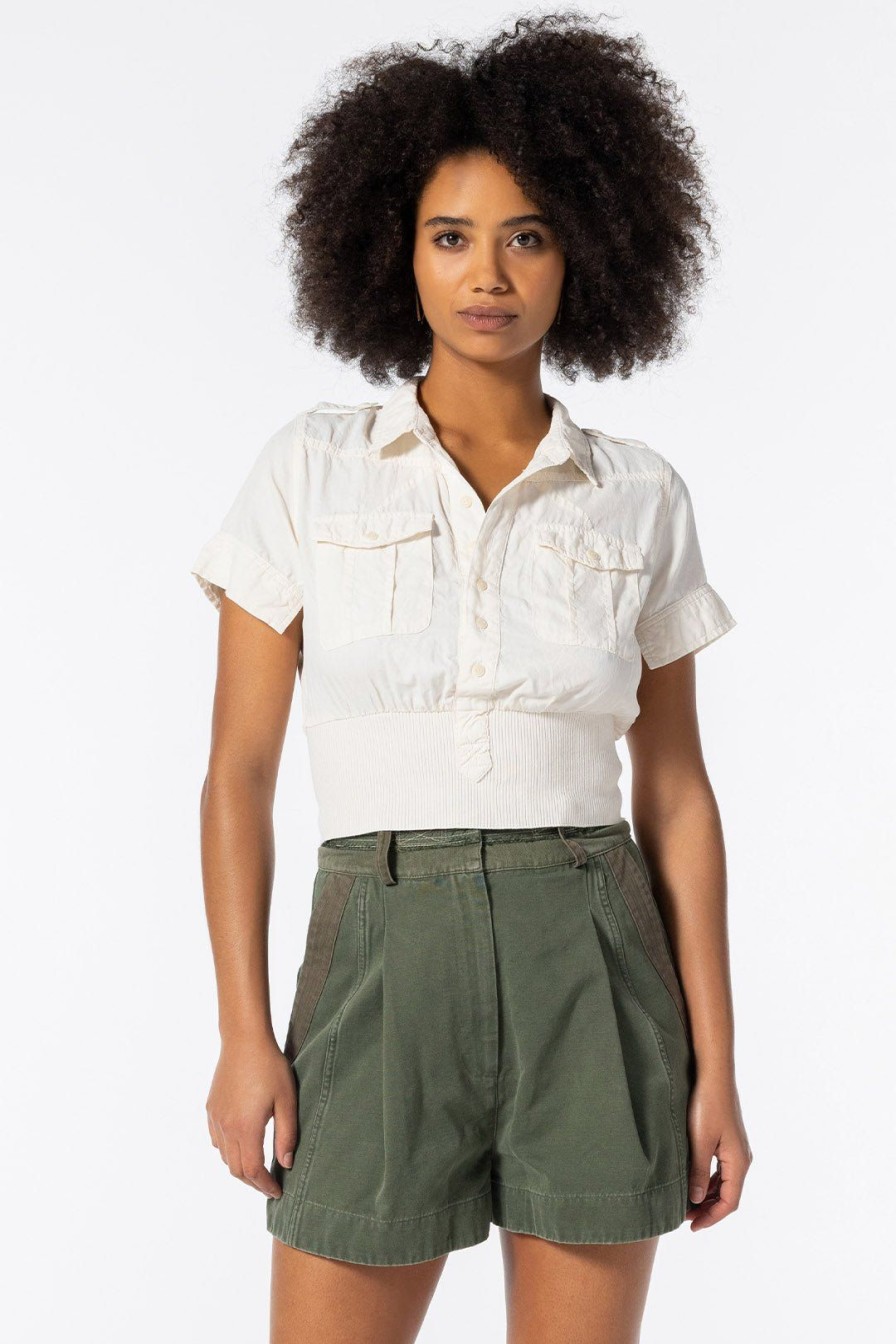 Women Burning Torch Tops | Serengeti Short Sleeve Button Down Top, Natural