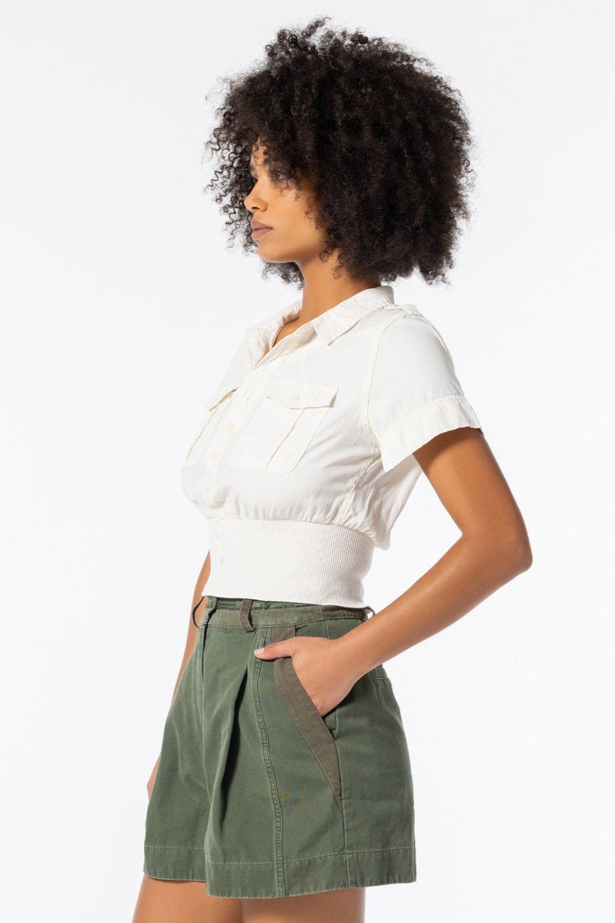 Women Burning Torch Tops | Serengeti Short Sleeve Button Down Top, Natural