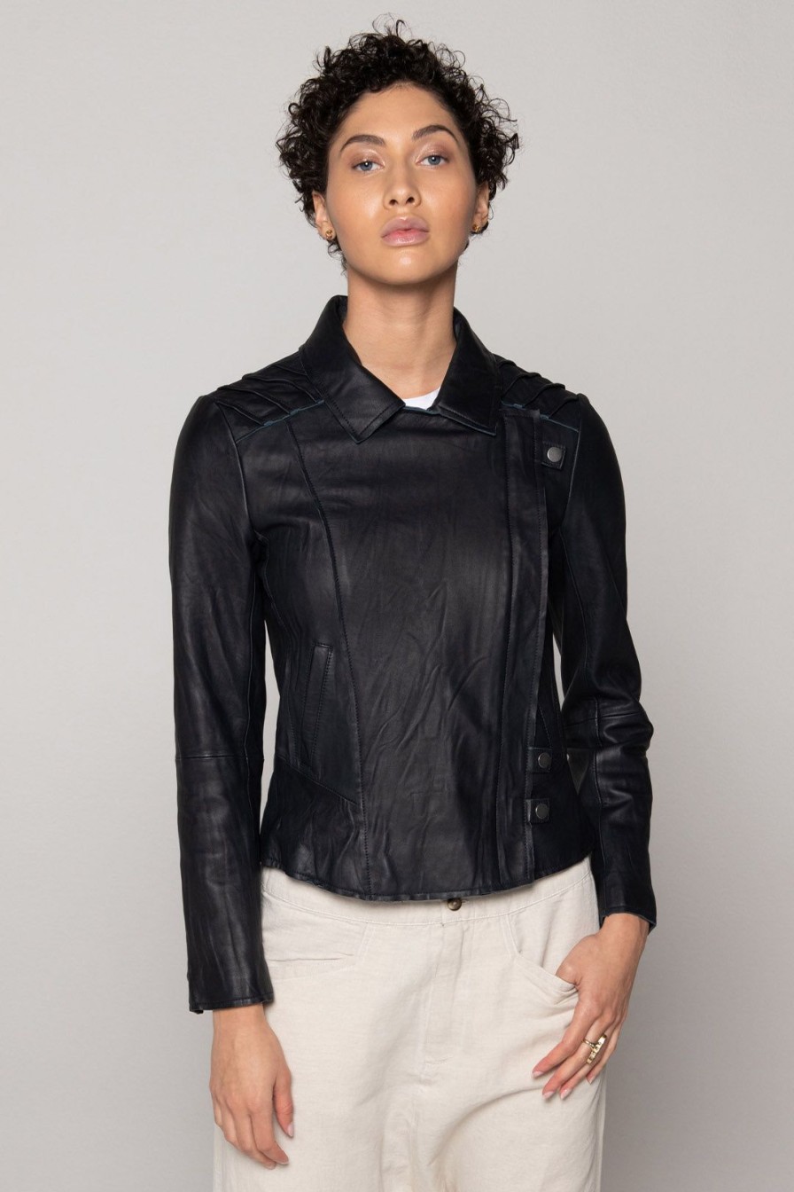 Women Burning Torch Outerwear | Leather Classic Moto, Black