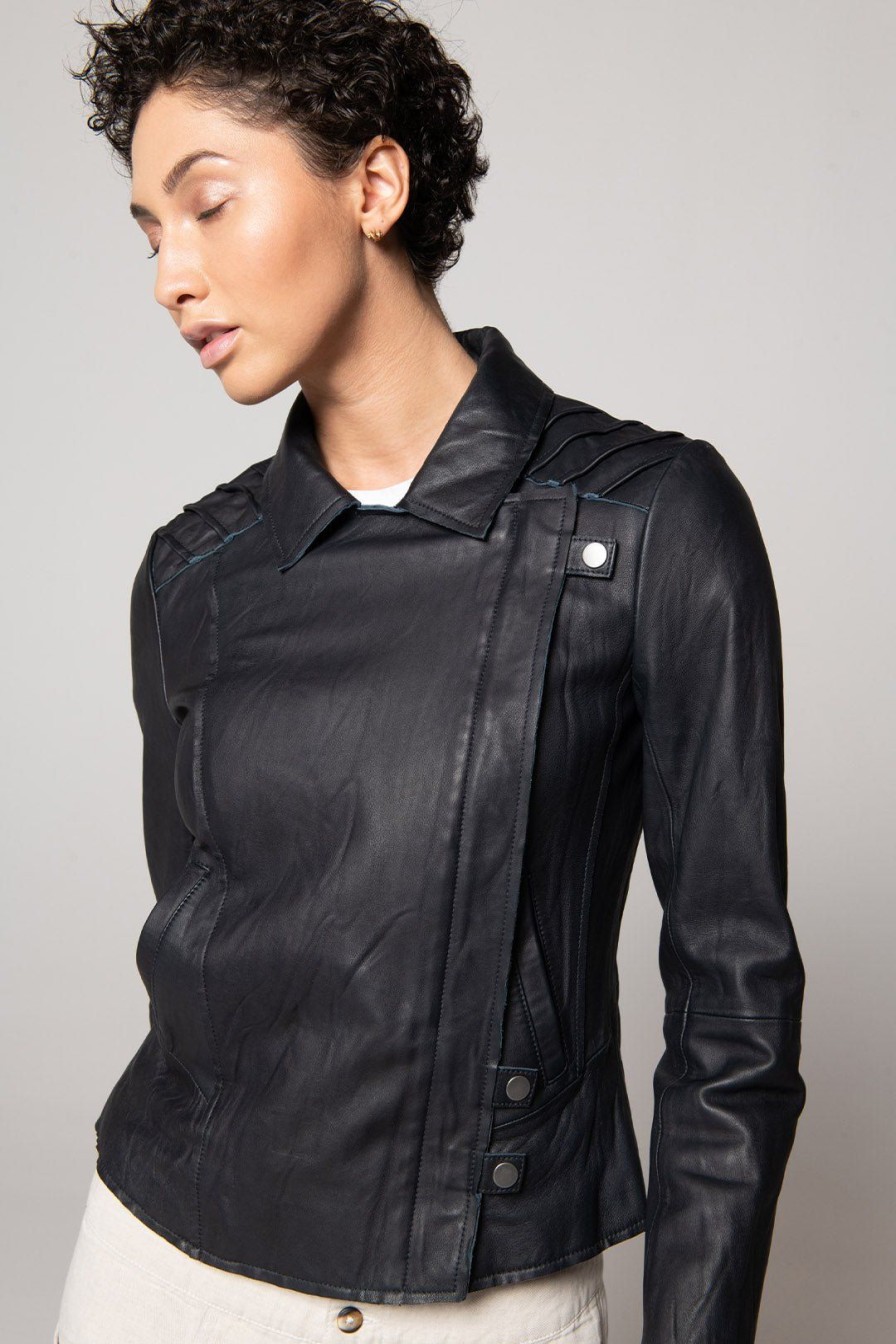 Women Burning Torch Outerwear | Leather Classic Moto, Black