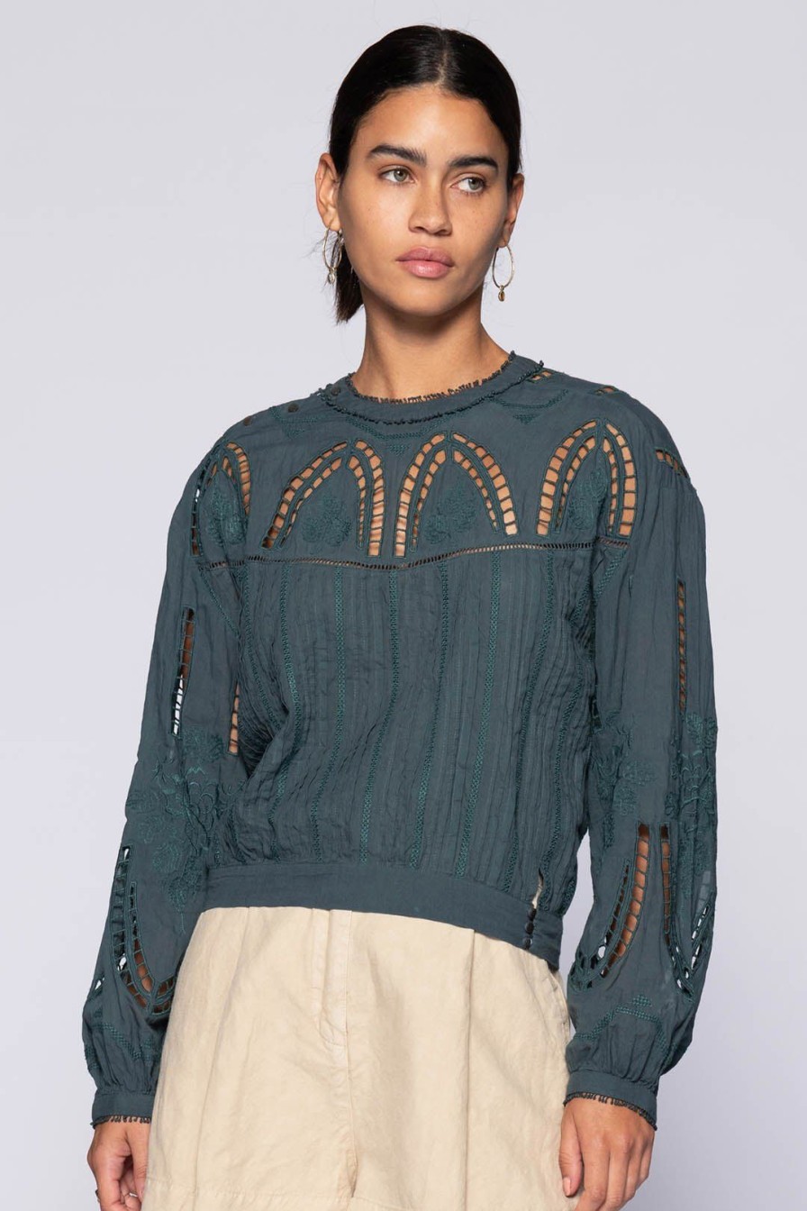 Women Burning Torch Tops | Daphne Long Sleeve Embroidered Cotton Top, Petrol