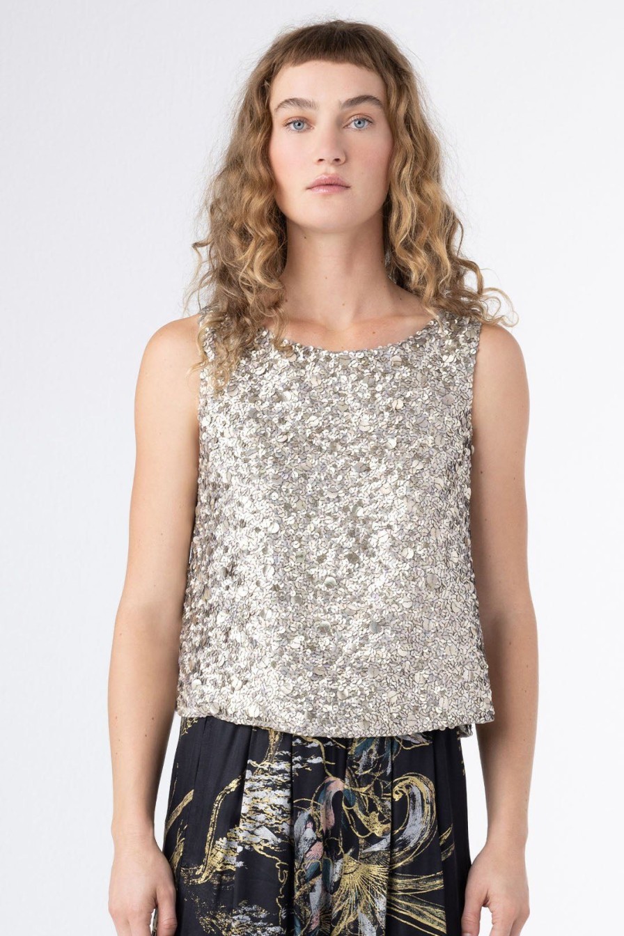 Women Burning Torch Tops | Naomi Sequin Top, Antique Metal