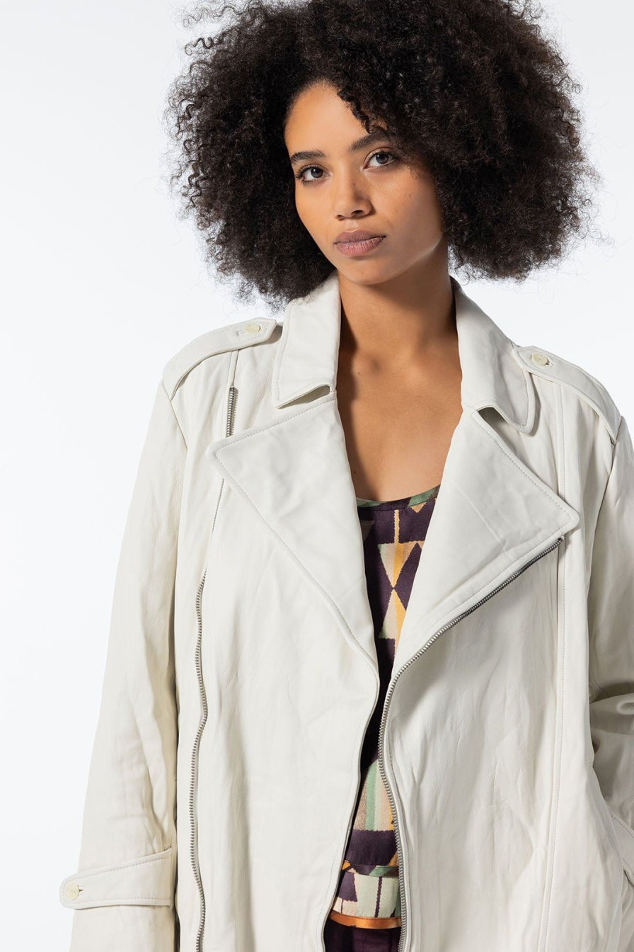 Women Burning Torch Outerwear | Washed Leather Micro Trench, Pearl