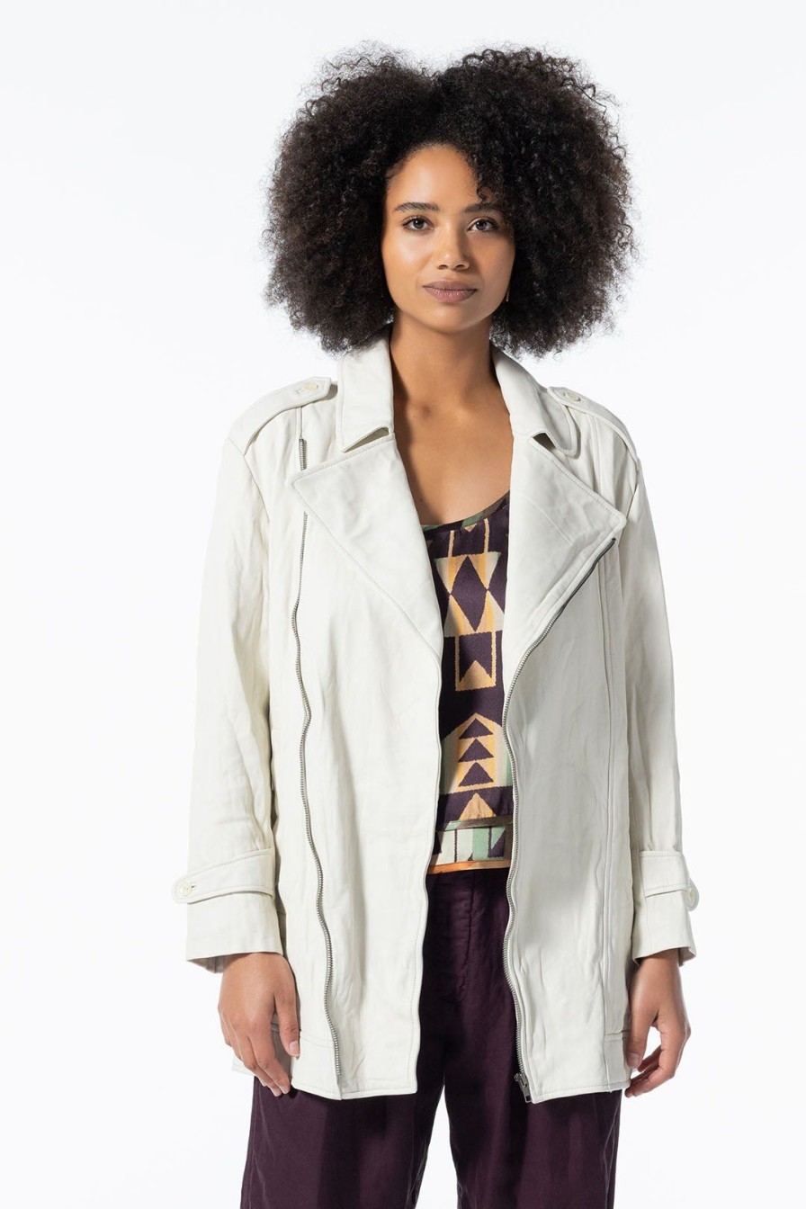 Women Burning Torch Outerwear | Washed Leather Micro Trench, Pearl